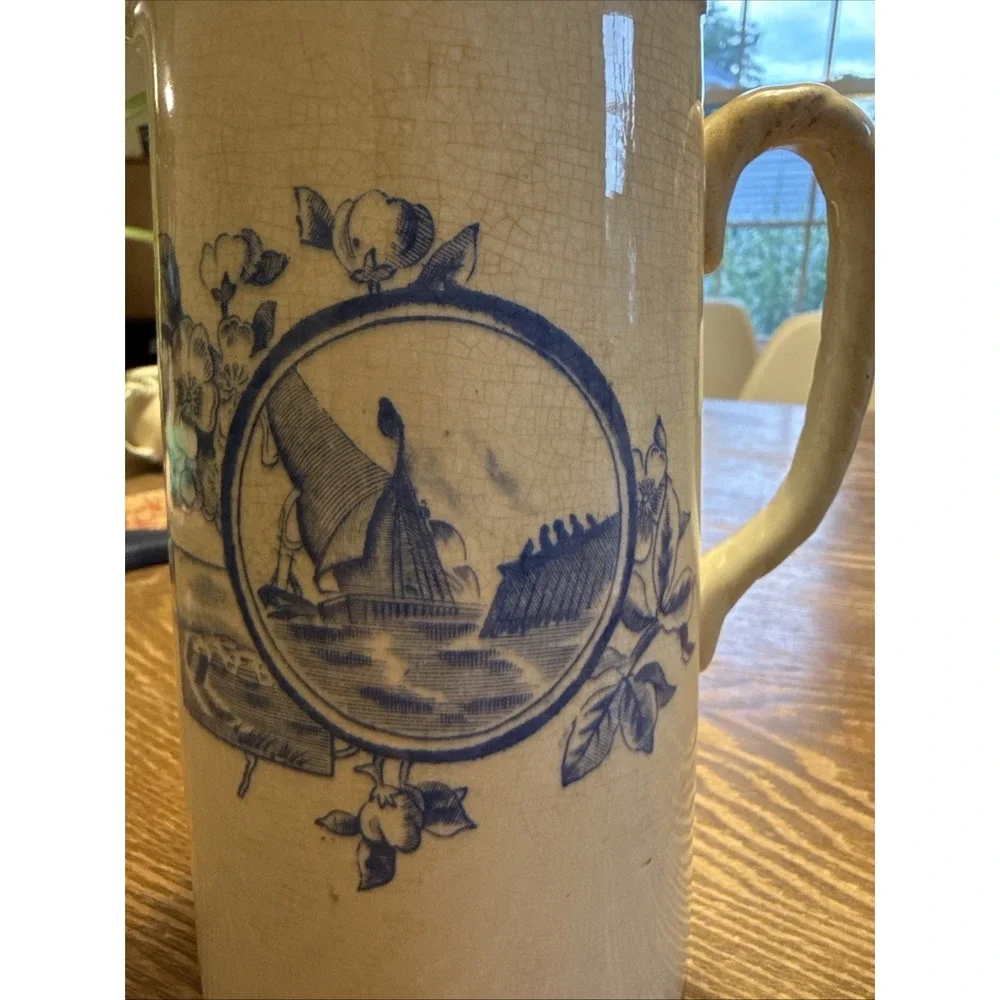 Antique Stoneware Pitcher Salt Glazed Nautical Floral Fruit Motif 6.75